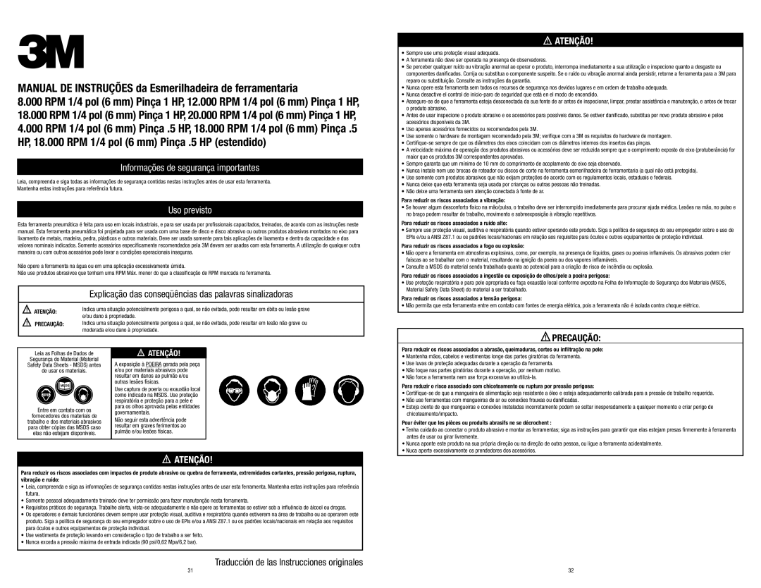 3M 20239 Manual DE Instruções da Esmerilhadeira de ferramentaria, Informações de segurança importantes, Uso previsto 