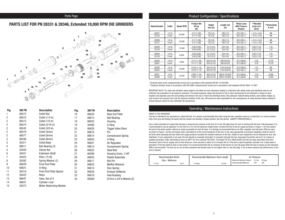 3M 20238 Product Configuration / Specifications, Operating / Maintenance Instructions, Collet, Prior to the Operation 