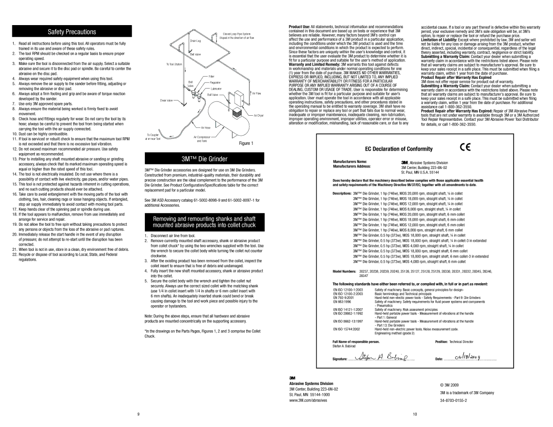 3M 20240, 28345, 25128, 20239, 25127, 20238, 28331, 28330, 28346 Safety Precautions, 3M Die Grinder, EC Declaration of Conformity 