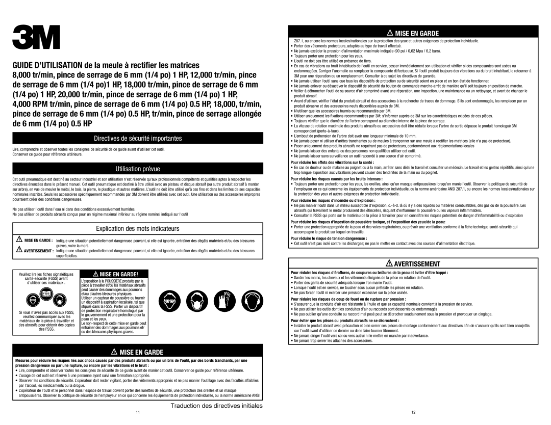 3M 28331 Guide D’UTILISATION de la meule à rectifier les matrices, Directives de sécurité importantes, Utilisation prévue 