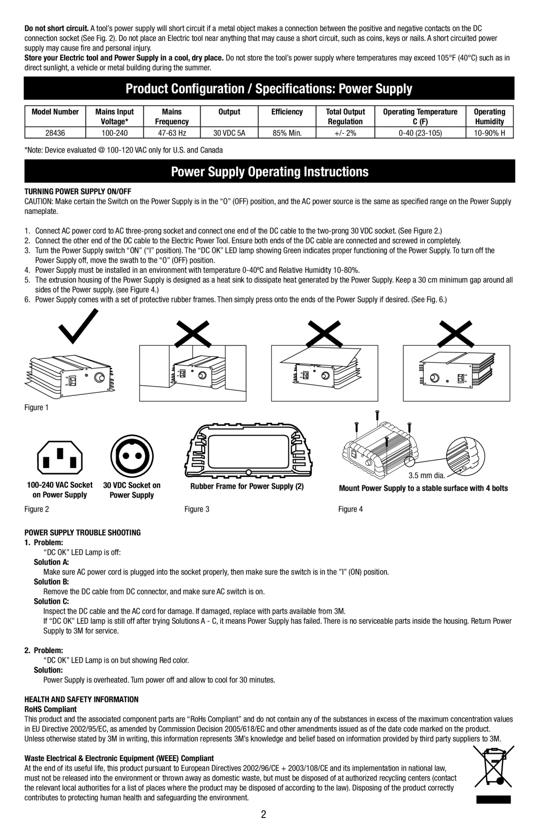 3M 28436 instruction manual Product Configuration / Specifications Power Supply, Power Supply Operating Instructions 