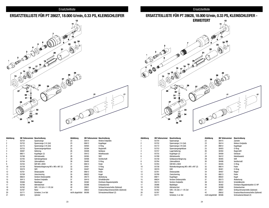 3M 28628, 28629, 28627, 28630 warranty Ersatzteilliste, 15 16 17 Abbildung, Beschreibung Abbildung 