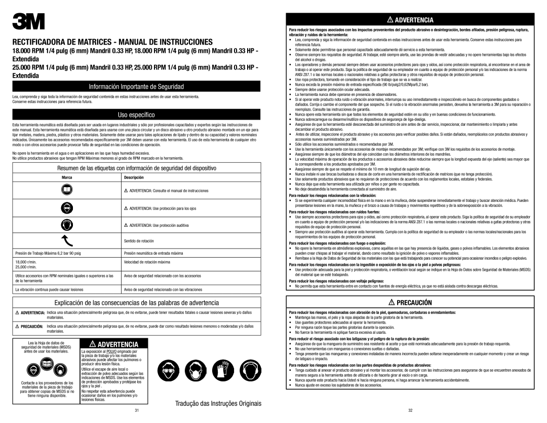 3M 28628, 28629, 28627 Información Importante de Seguridad, Uso específico, Precaución, Tradução das Instruções Originais 