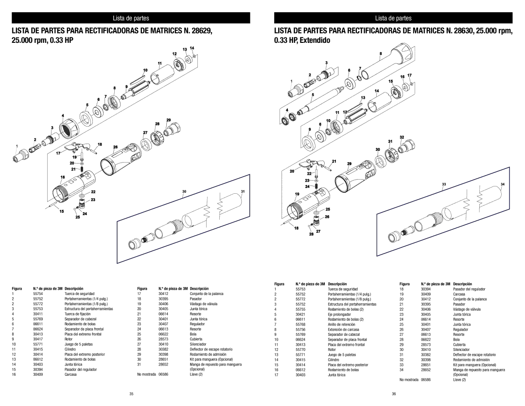 3M 28627, 28628, 28629, 28630 warranty Pasador del regulador Opcional 30409 Carcasa, Junta tórica Opcional 