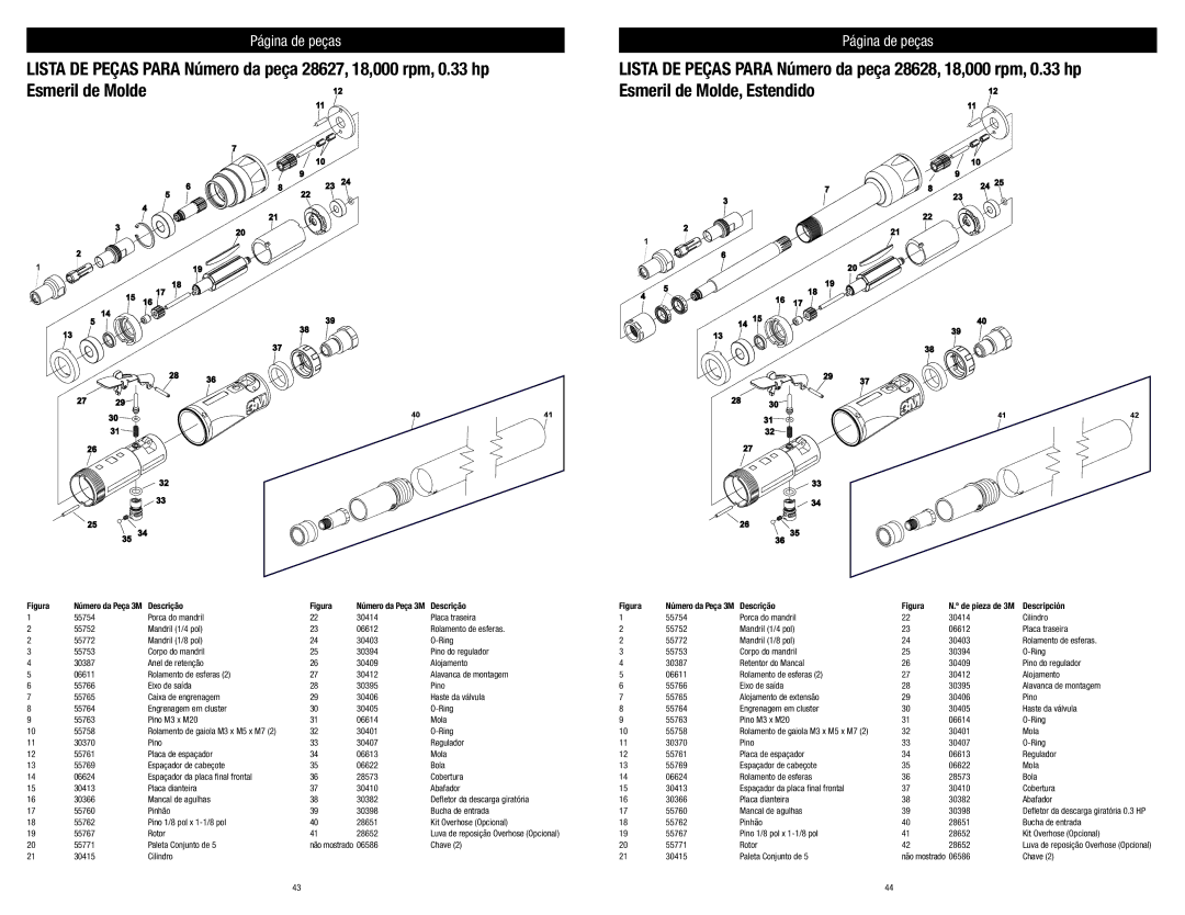 3M 28627, 28628, 28629, 28630 warranty Paleta Conjunto de, Chave 30415 Cilindro 