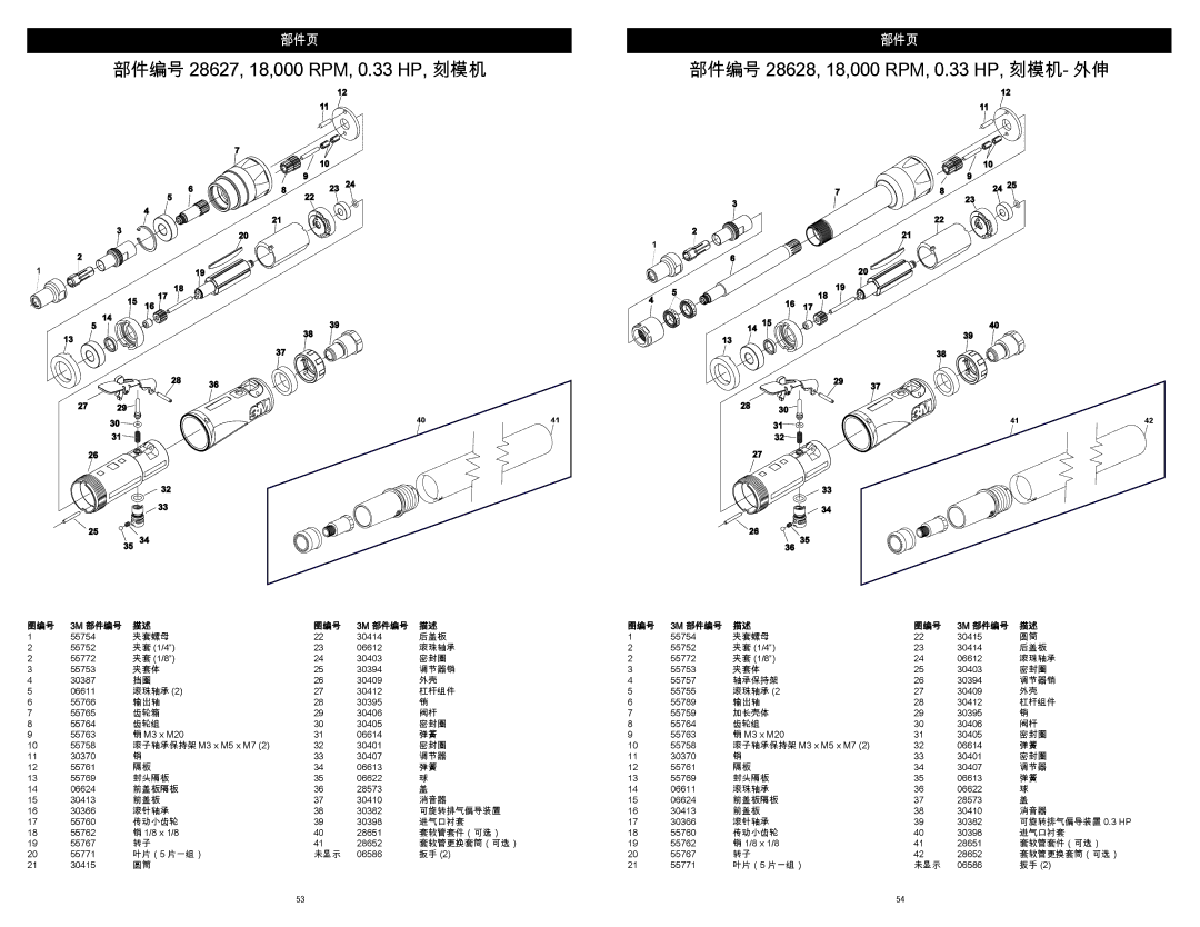 3M 28630, 28628, 28629 warranty 部件编号 28627, 18,000 RPM, 0.33 HP, 刻模机 