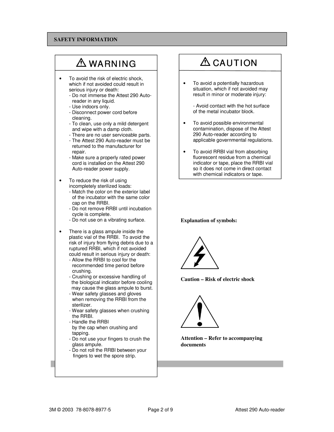 3M 290 manual Safety Information, Explanation of symbols 