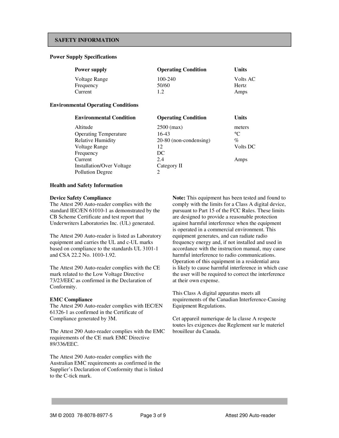 3M 290 manual Health and Safety Information Device Safety Compliance, EMC Compliance 