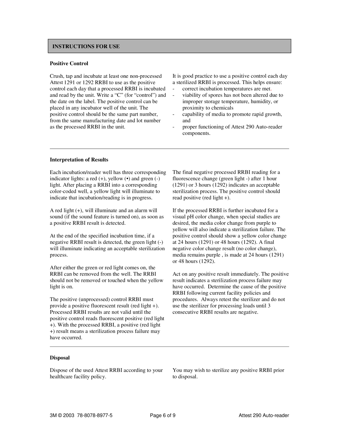 3M 290 manual Positive Control, Interpretation of Results, Disposal 