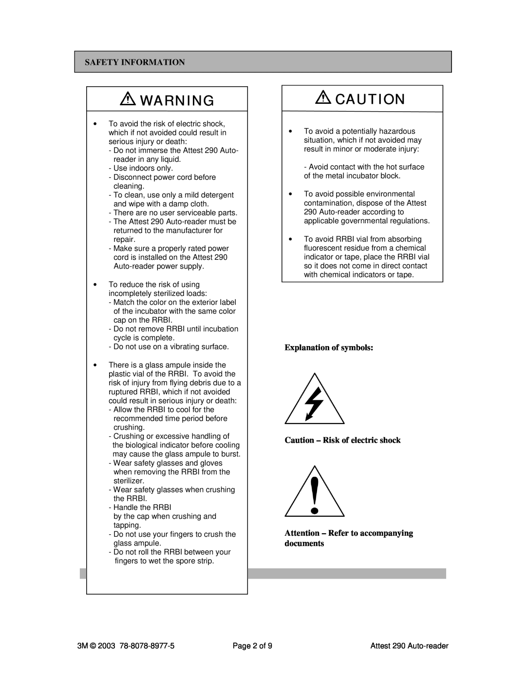 3M 290 manual Safety Information, Explanation of symbols Caution - Risk of electric shock 