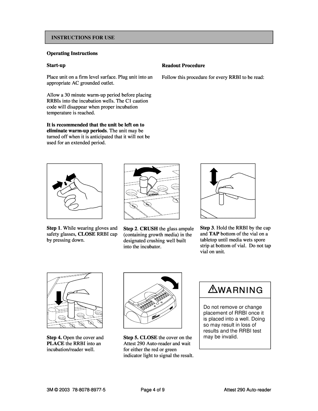 3M 290 manual Instructions For Use, Operating Instructions Start-up, Readout Procedure 