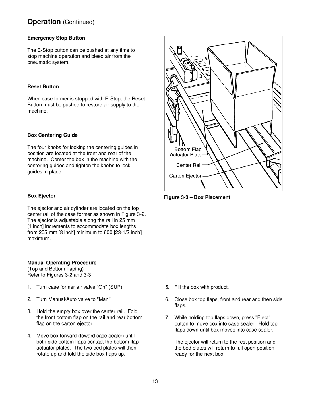 3M 300cf manual Emergency Stop Button, Reset Button, Box Centering Guide, Box Ejector 