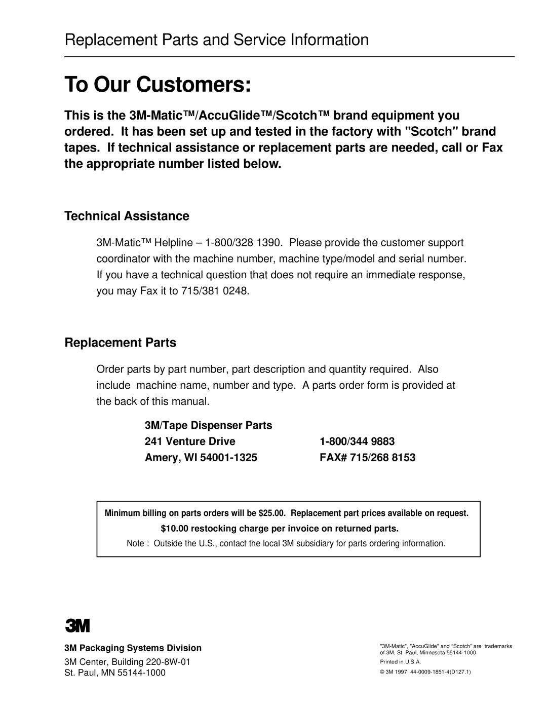 3M 300cf manual To Our Customers, Replacement Parts 