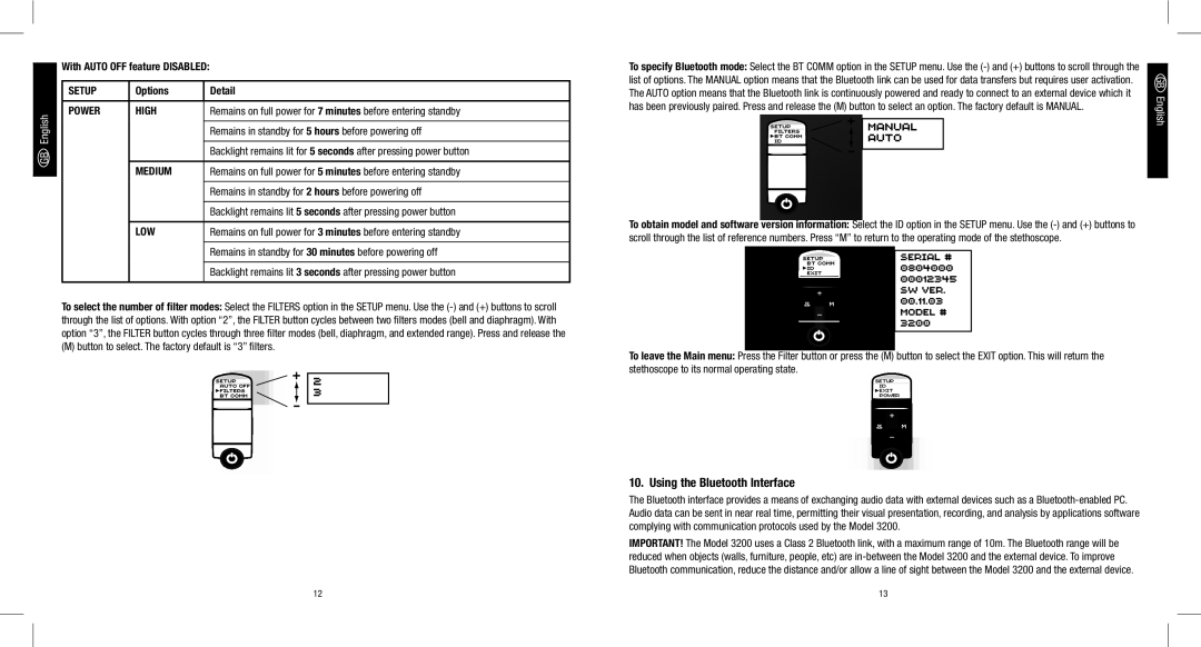 3M 3200 manual Using the Bluetooth Interface, With Auto OFF feature Disabled 