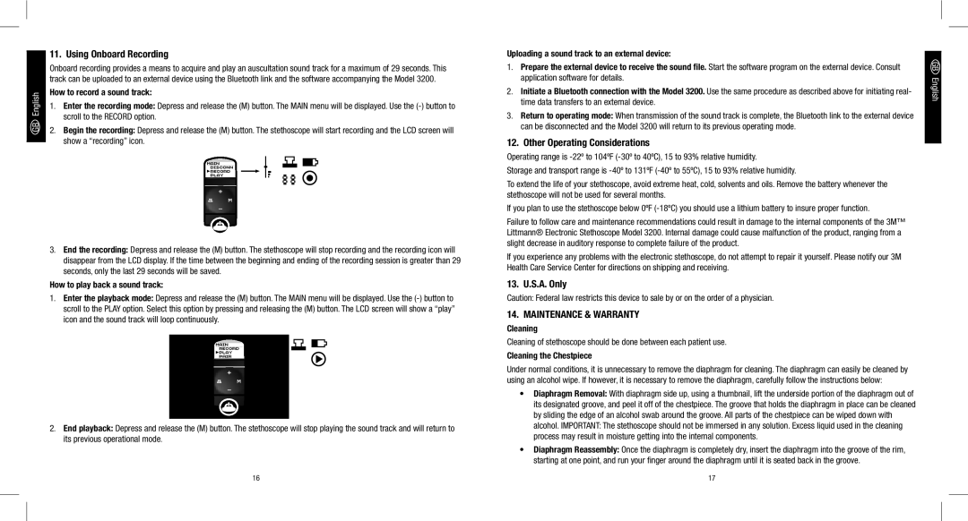 3M 3200 manual Using Onboard Recording, Other Operating Considerations, 13. U.S.A. Only 