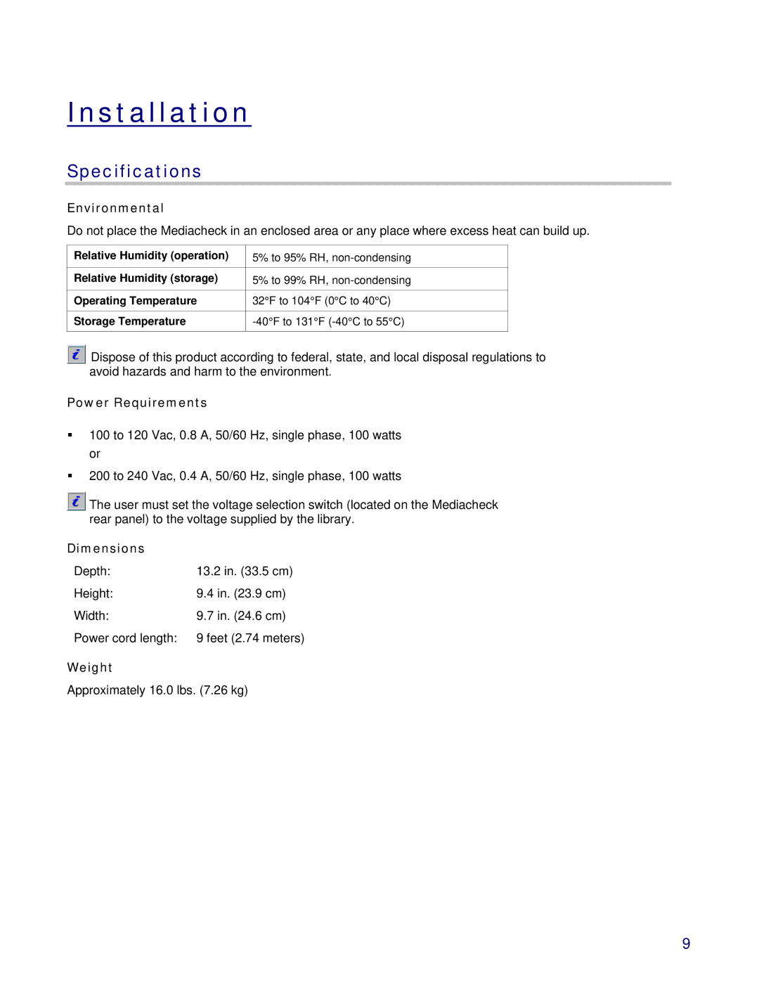 3M 325 owner manual Installation, Specifications 