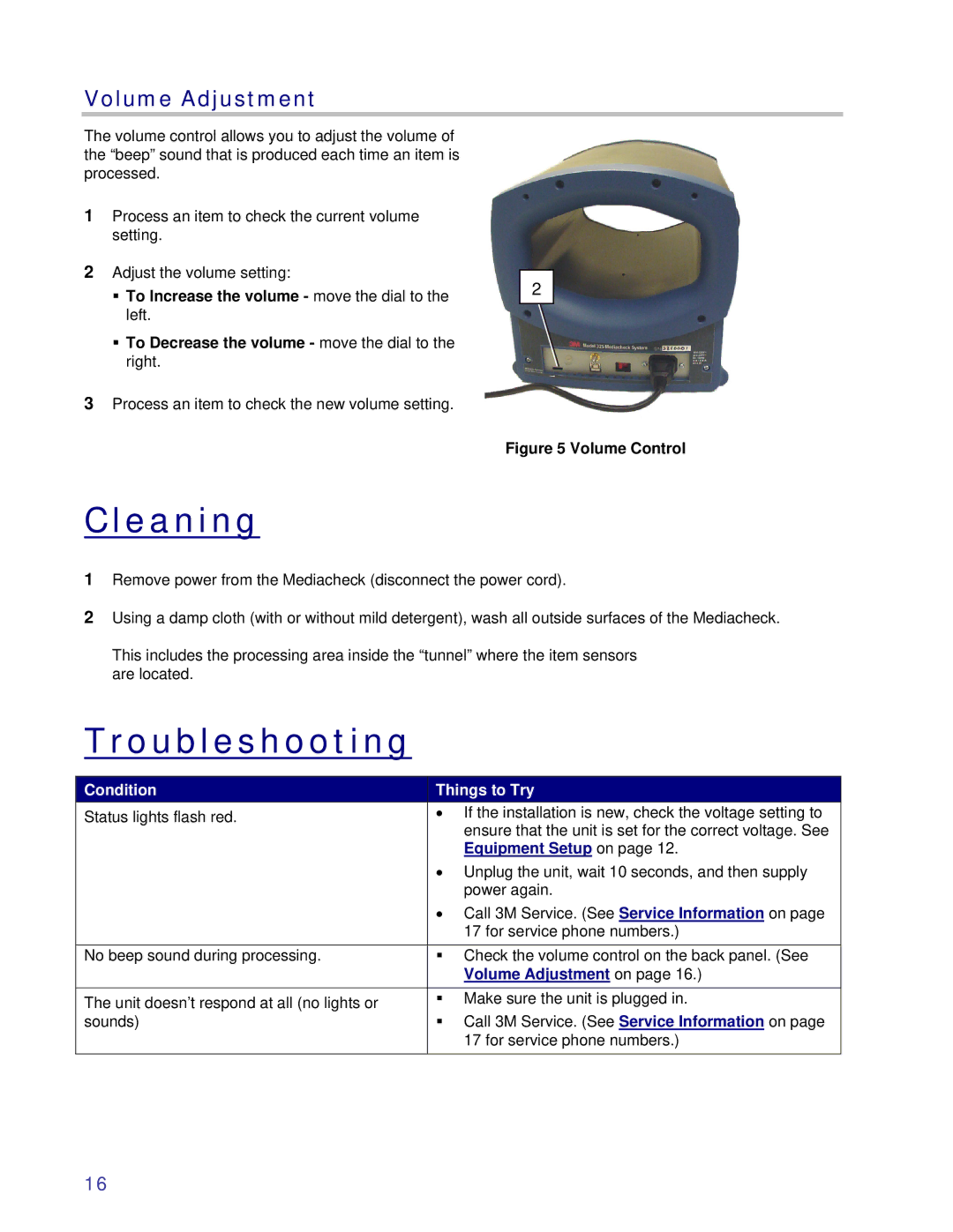 3M 325 owner manual Cleaning, Troubleshooting, Volume Adjustment 