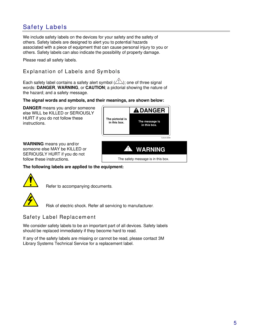 3M 325 owner manual Safety Labels, Explanation of Labels and Symbols, Safety Label Replacement 