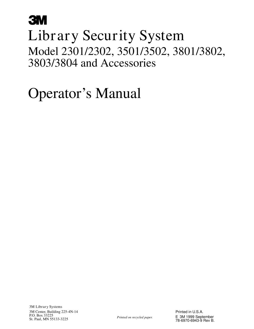 3M 3801, 3802, 3803, 3501, 2302, 3804, 3502, 2301 manual Library Security System 