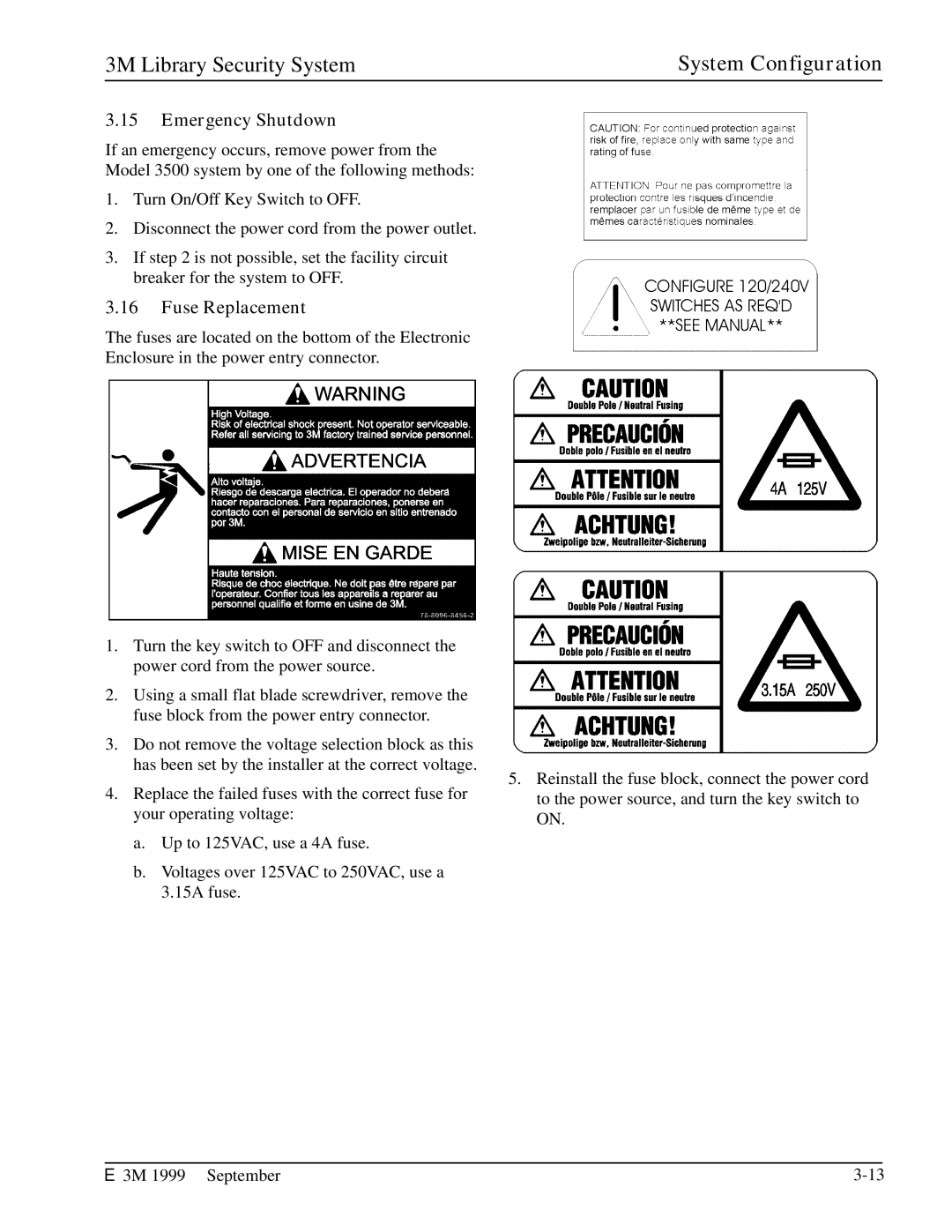 3M 3804, 3802, 3801, 3803, 3501, 2302, 3502, 2301 manual Emergency Shutdown, Fuse Replacement 