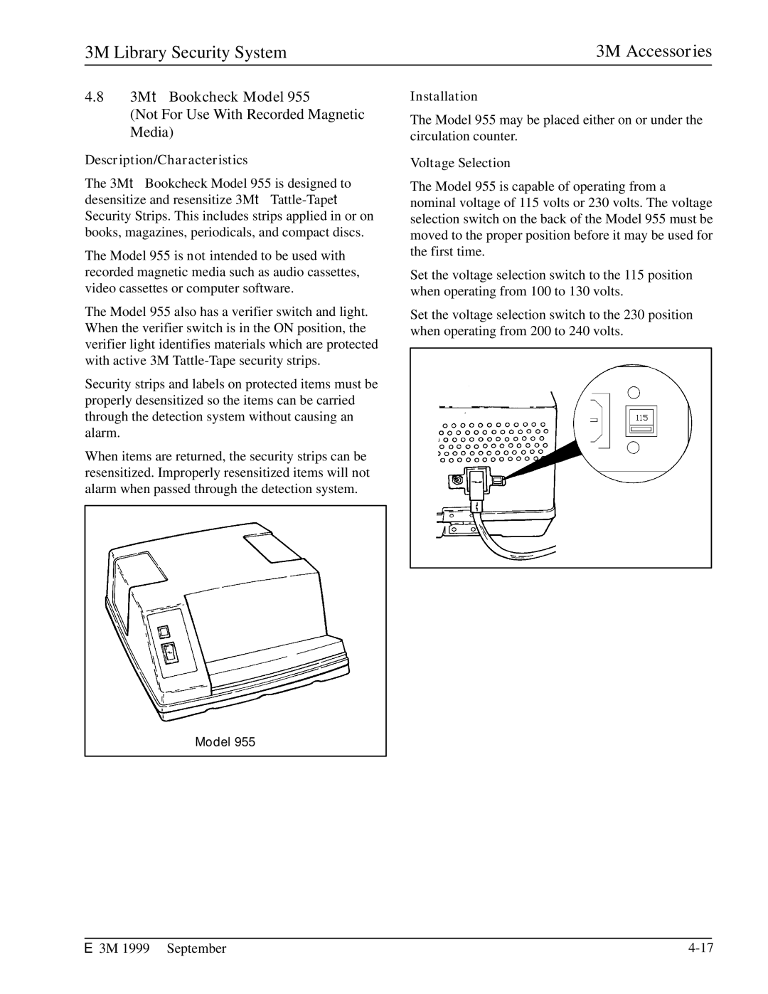 3M 3501, 3802, 3801, 3803, 2302, 3804, 3502, 2301 manual 3Mt Bookcheck Model, Voltage Selection 