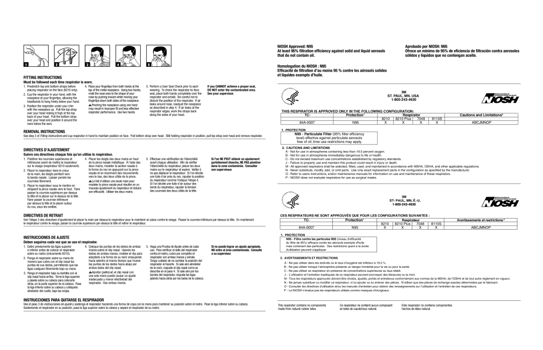 3M 38210Plus/8210/07048/8110S Fitting Instructions, Removal Instructions, Directives D’AJUSTEMENT, Directives DE Retrait 