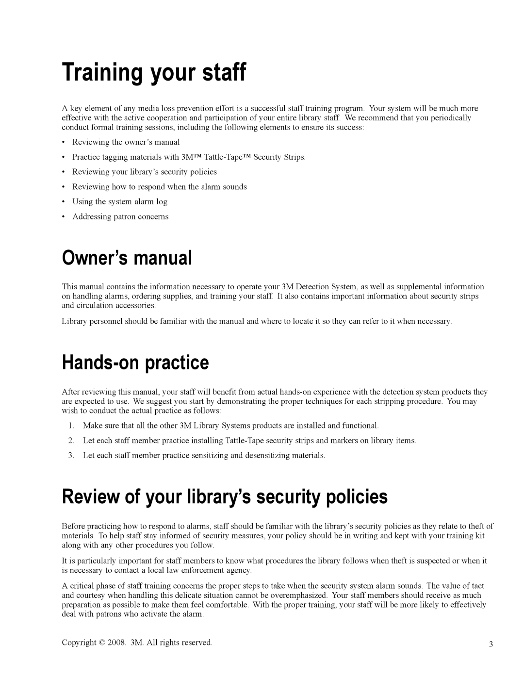 3M 3900 owner manual Training your staff, Hands-on practice, Review of your library’s security policies 