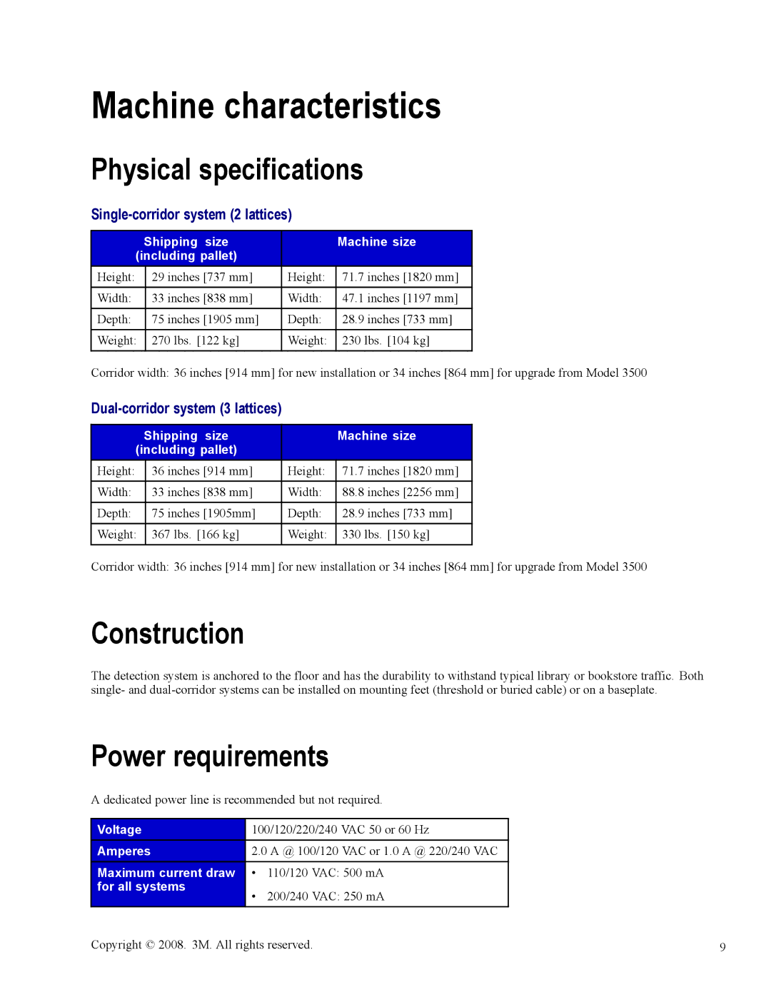 3M 3900 owner manual Machine characteristics, Physical specifications, Construction, Power requirements 