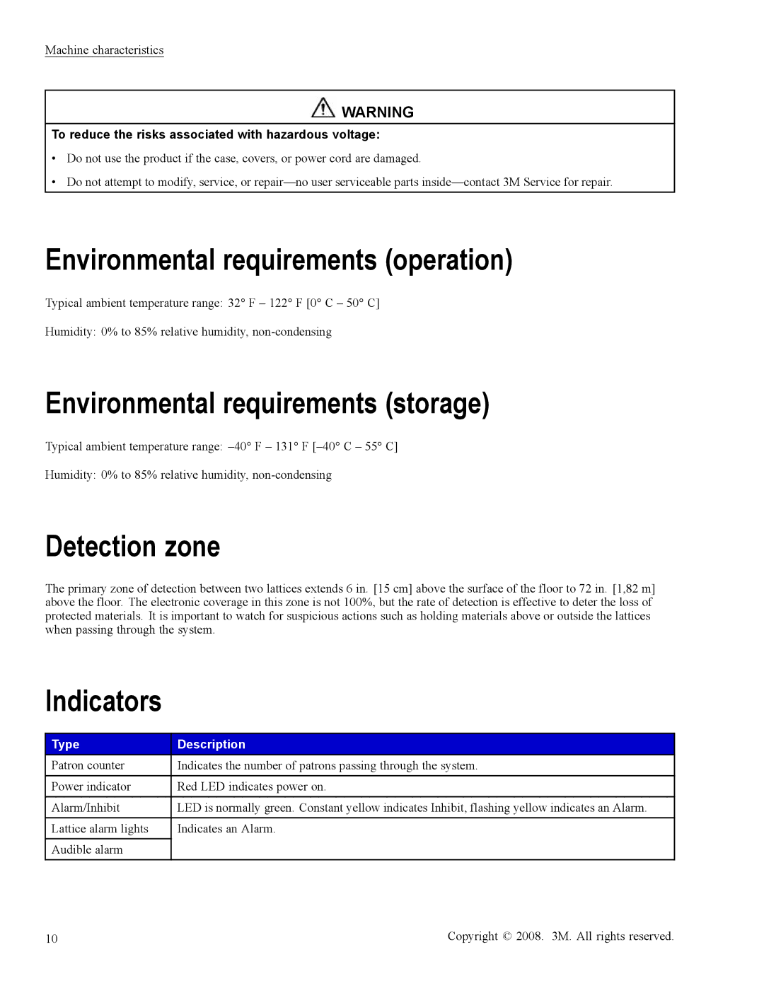 3M 3900 owner manual Environmental requirements operation, Environmental requirements storage, Detection zone, Indicators 