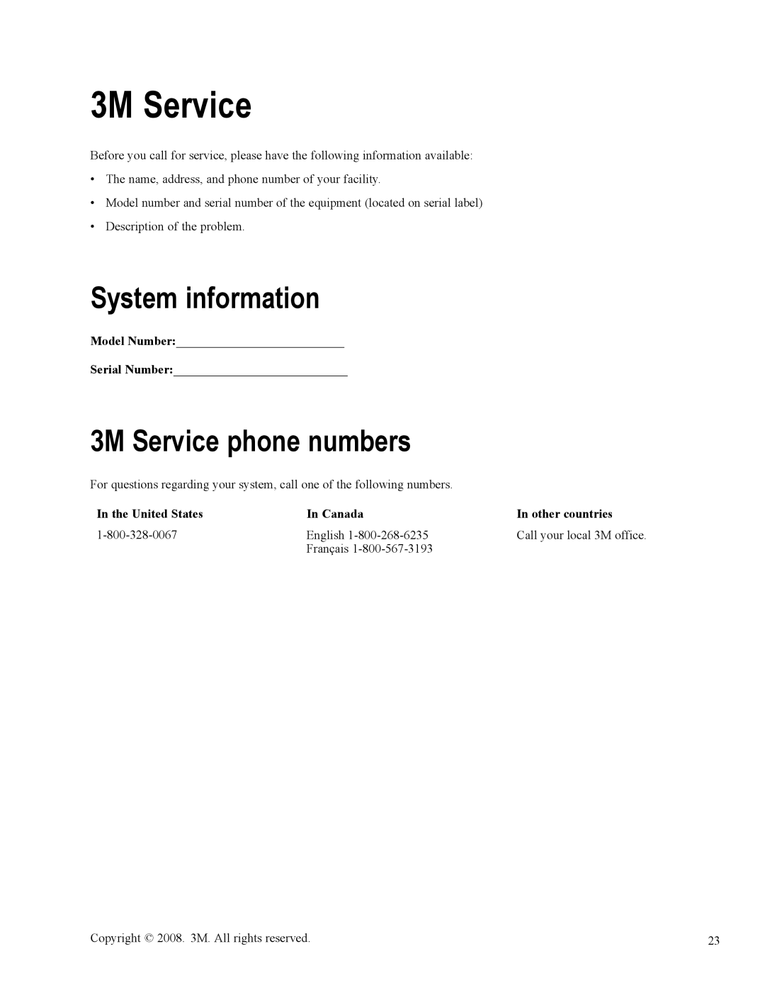 3M 3900 owner manual System information, 3M Service phone numbers 