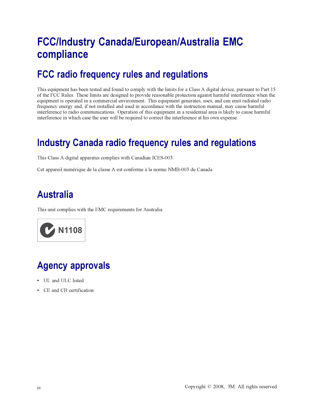 3M 3900 owner manual FCC/Industry Canada/European/Australia EMC compliance 