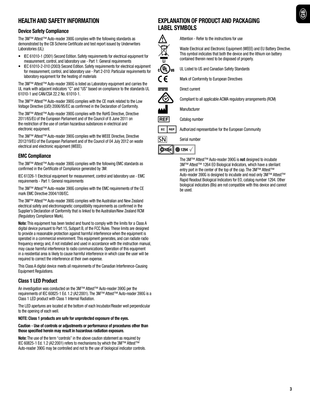 3M 390G Health And Safety Information, Explanation Of Product And Packaging Label Symbols, Device Safety Compliance 