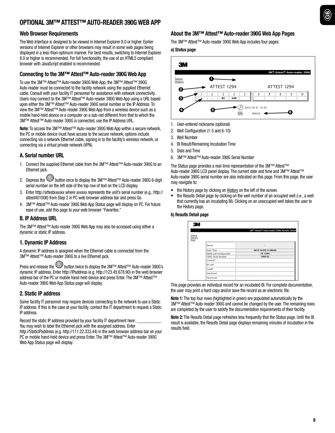 3M 390G Web Browser Requirements, Serial number URL, IP Address URL, Dynamic IP Address, Static IP address 