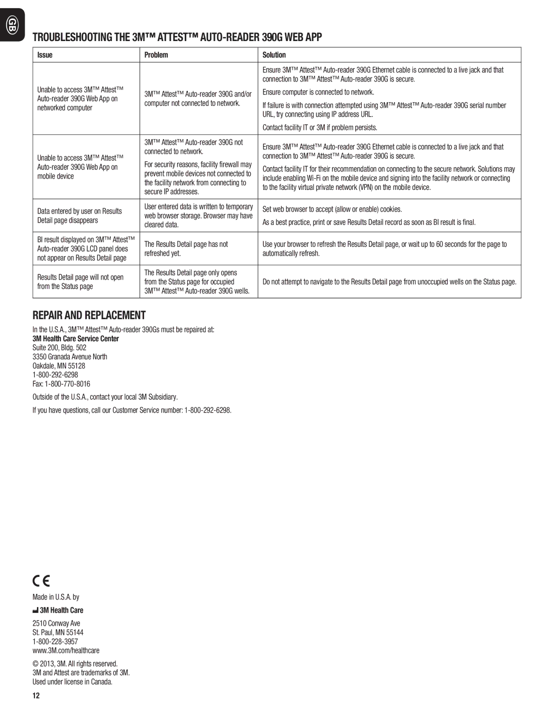 3M manual do utilizador Troubleshooting the 3M Attest AUTO‑READER 390G WEB APP, Repair and Replacement 