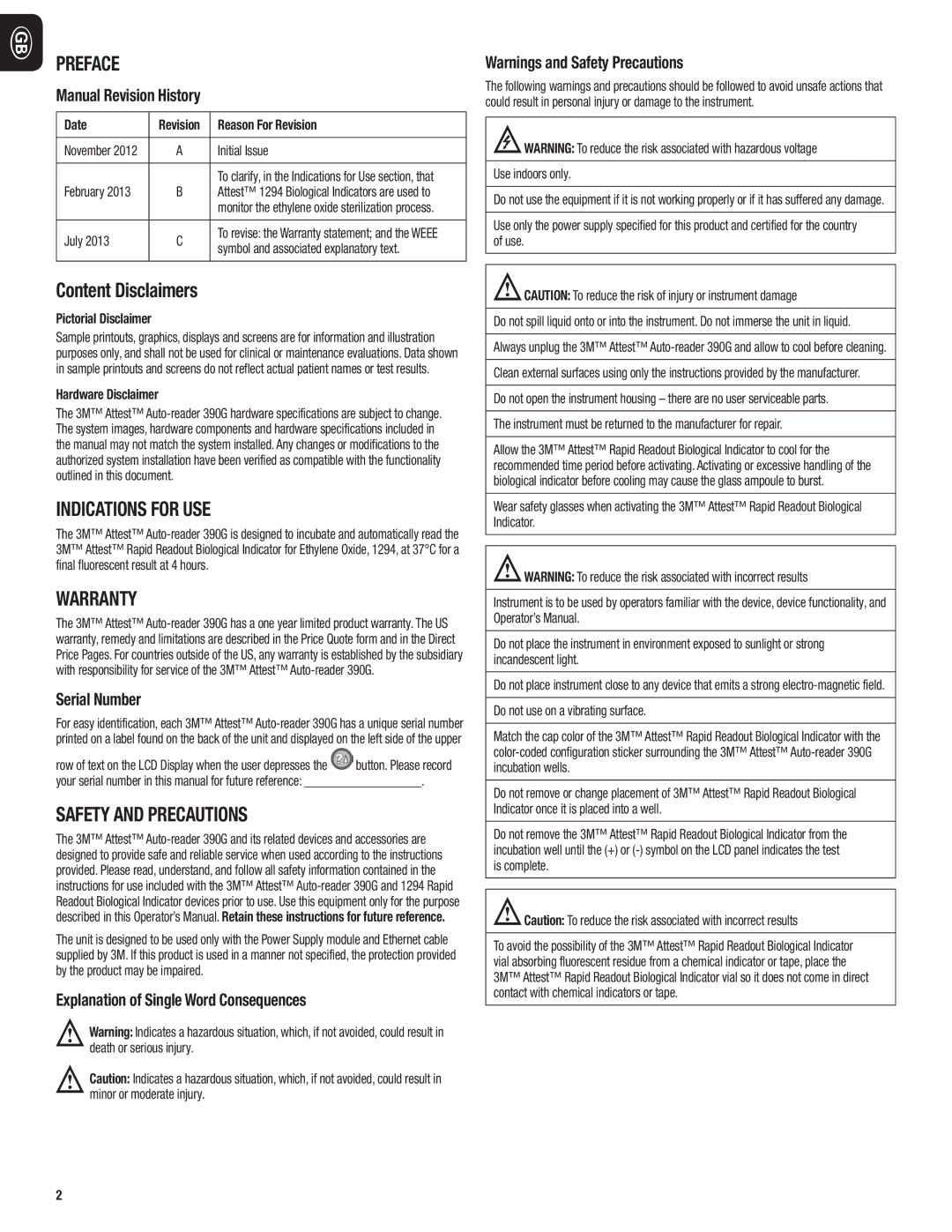 3M 390G manual do utilizador Preface, Content Disclaimers, Indications for USE, Warranty, Safety and Precautions 