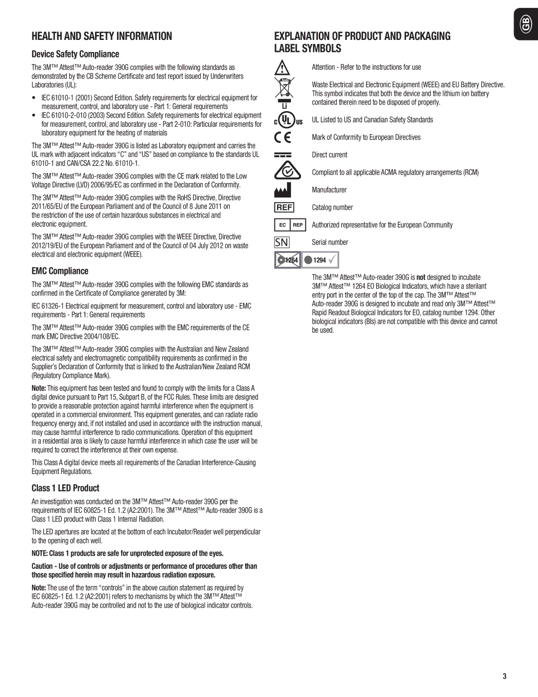 3M 390G Health and Safety Information, Explanation of Product and Packaging Label Symbols, Device Safety Compliance 