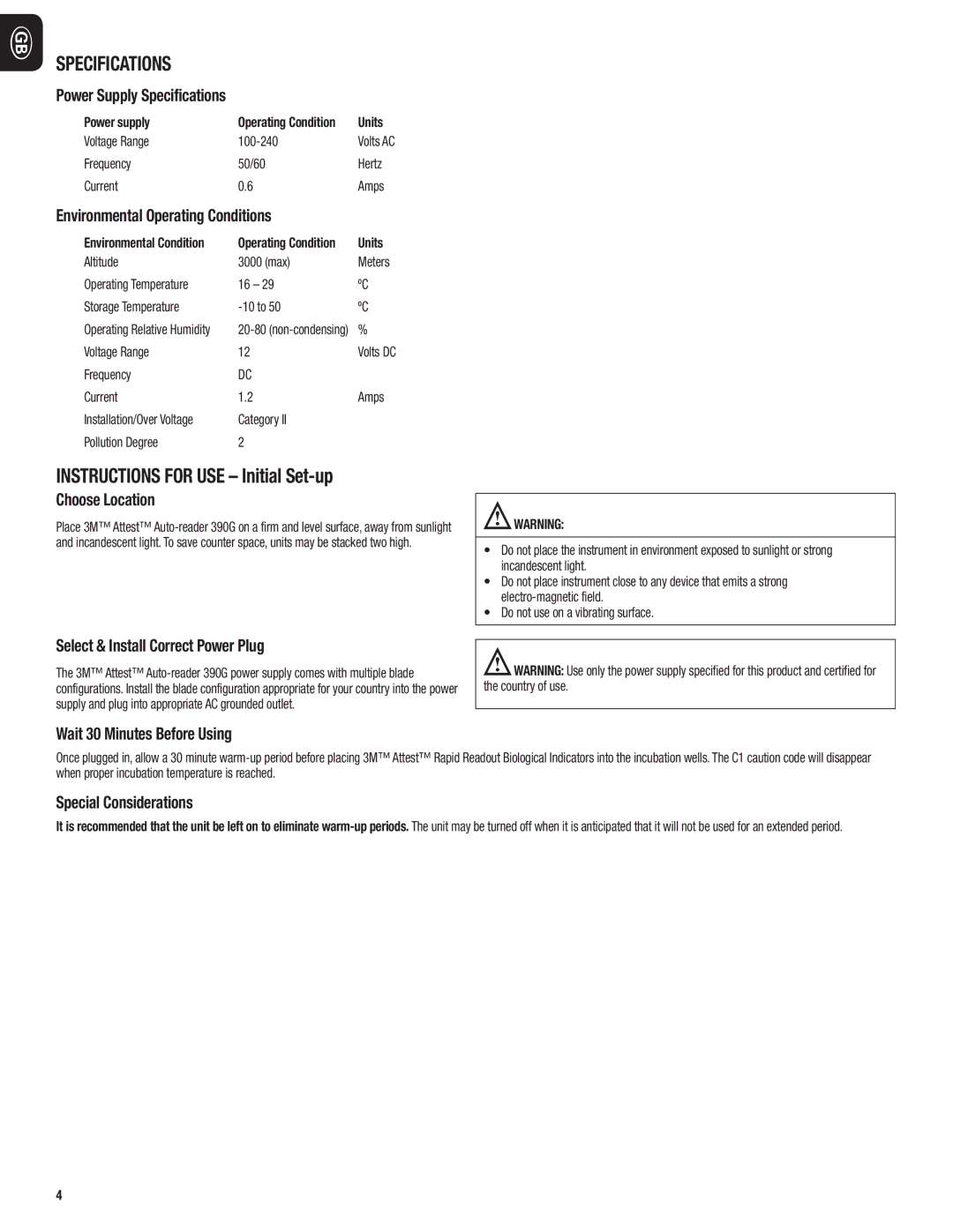 3M 390G manual do utilizador Specifications, Instructions for USE Initial Set‑up 