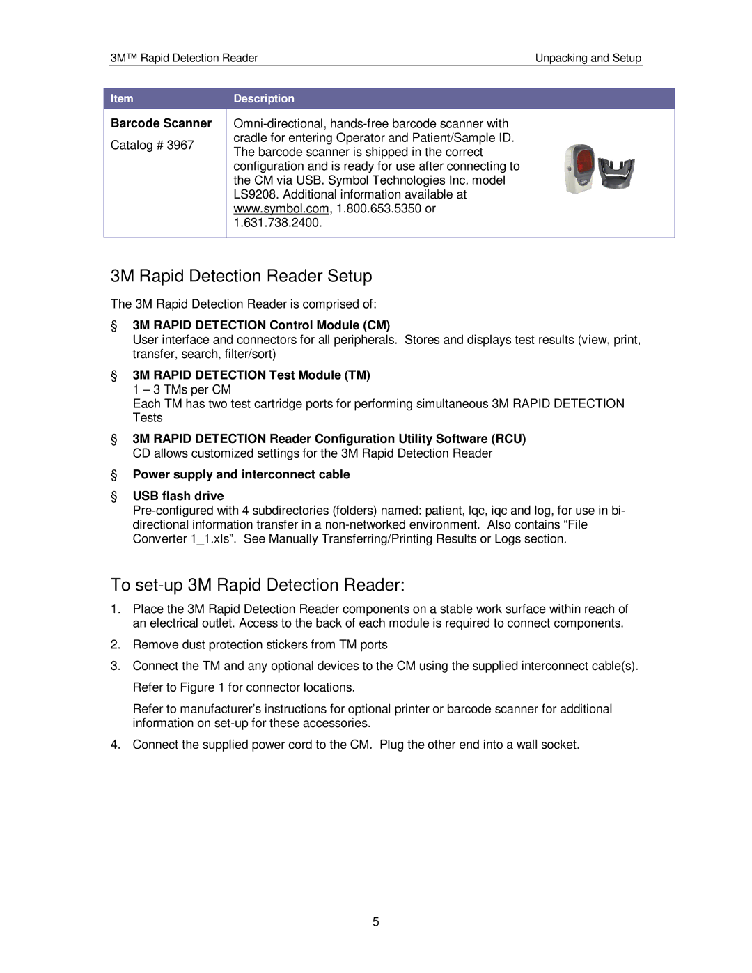 3M #3960, #3968 manual 3M Rapid Detection Reader Setup, To set-up 3M Rapid Detection Reader, Barcode Scanner 