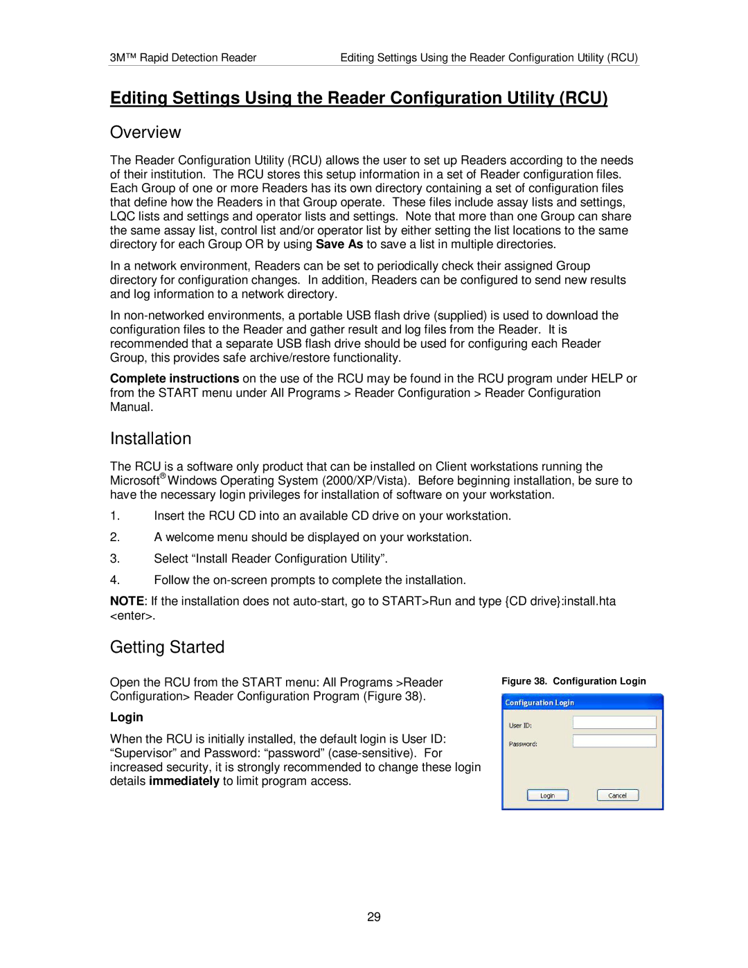 3M #3960, #3968 manual Editing Settings Using the Reader Configuration Utility RCU, Installation, Getting Started, Login 