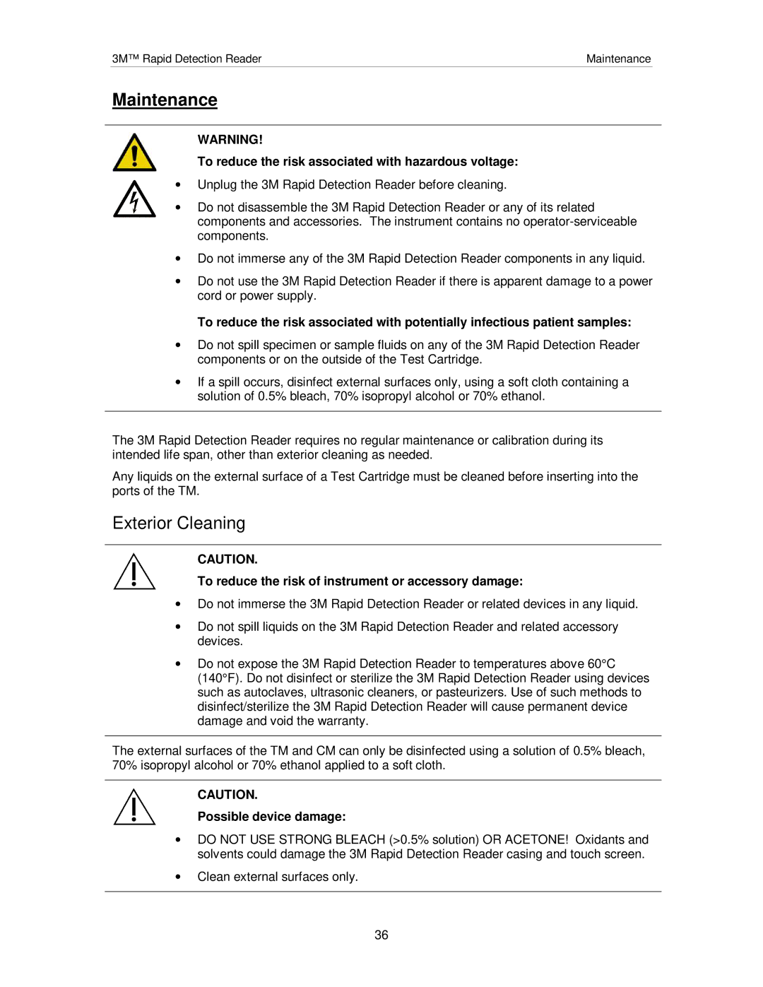 3M #3968, #3960 manual Maintenance, Exterior Cleaning, Possible device damage 