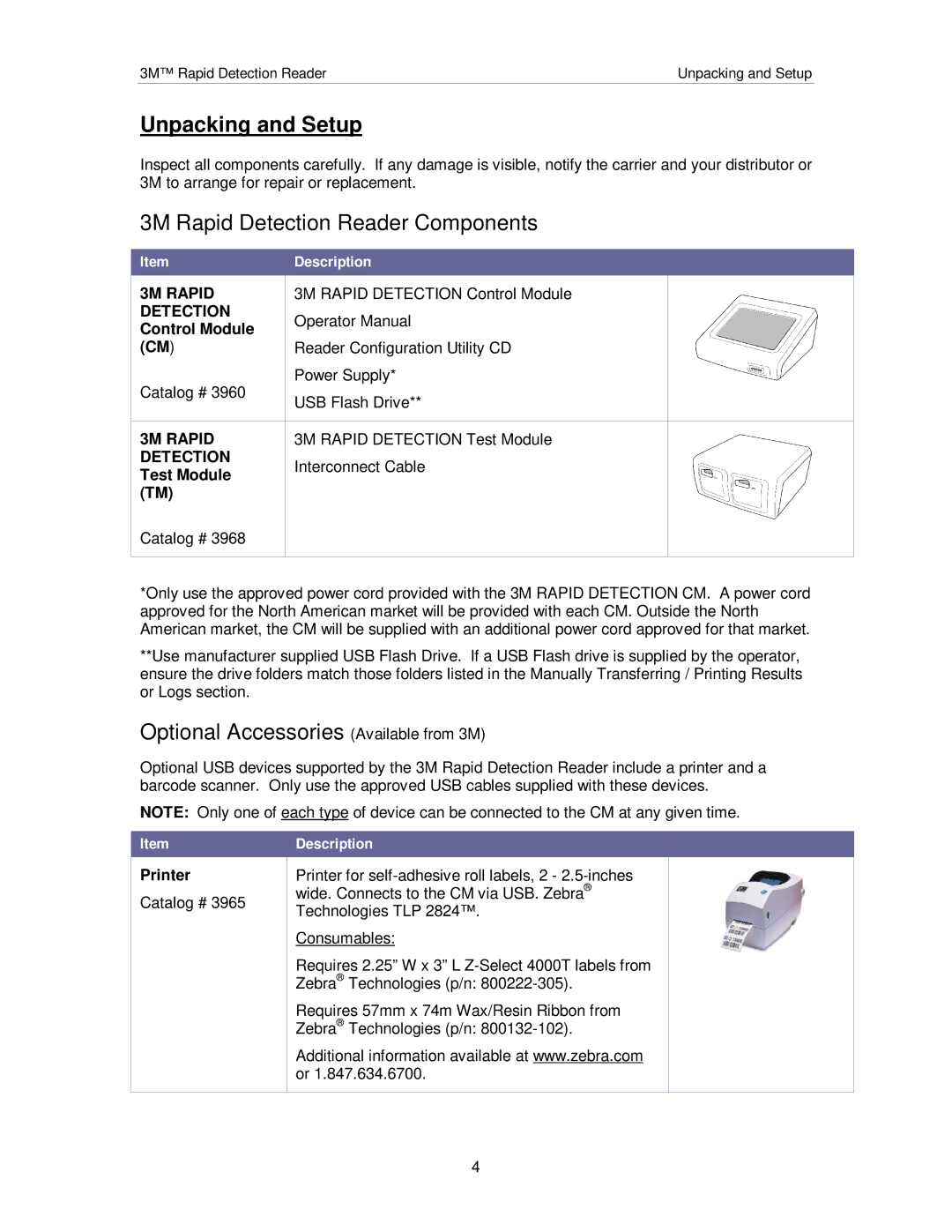 3M #3968, #3960 manual Unpacking and Setup, 3M Rapid Detection Reader Components, Optional Accessories Available from 3M 