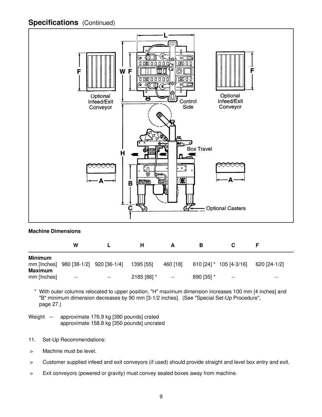 3M 39600 manual Machine Dimensions Minimum, Maximum 