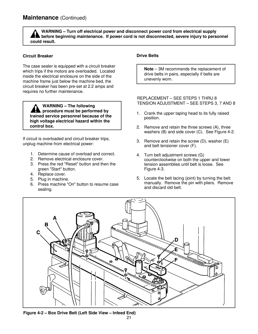 3M 39600 manual Could result Circuit Breaker Drive Belts, Box Drive Belt Left Side View Infeed End 