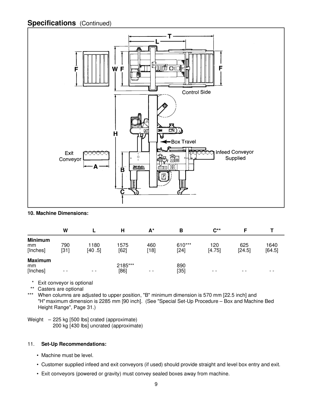 3M 39600 manual Machine Dimensions Minimum, Set-Up Recommendations 