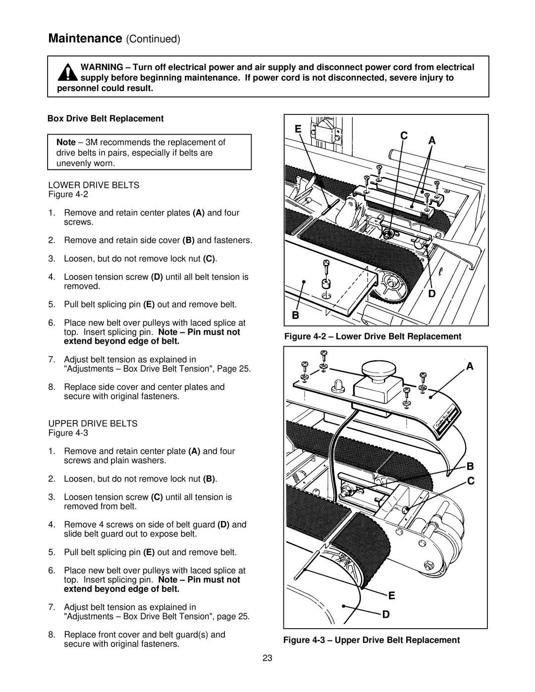 3M 39600 manual Personnel could result Box Drive Belt Replacement, Lower Drive Belt Replacement 