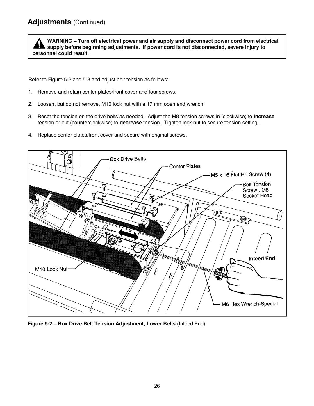 3M 39600 manual Personnel could result, Box Drive Belt Tension Adjustment, Lower BeltsInfeed End 