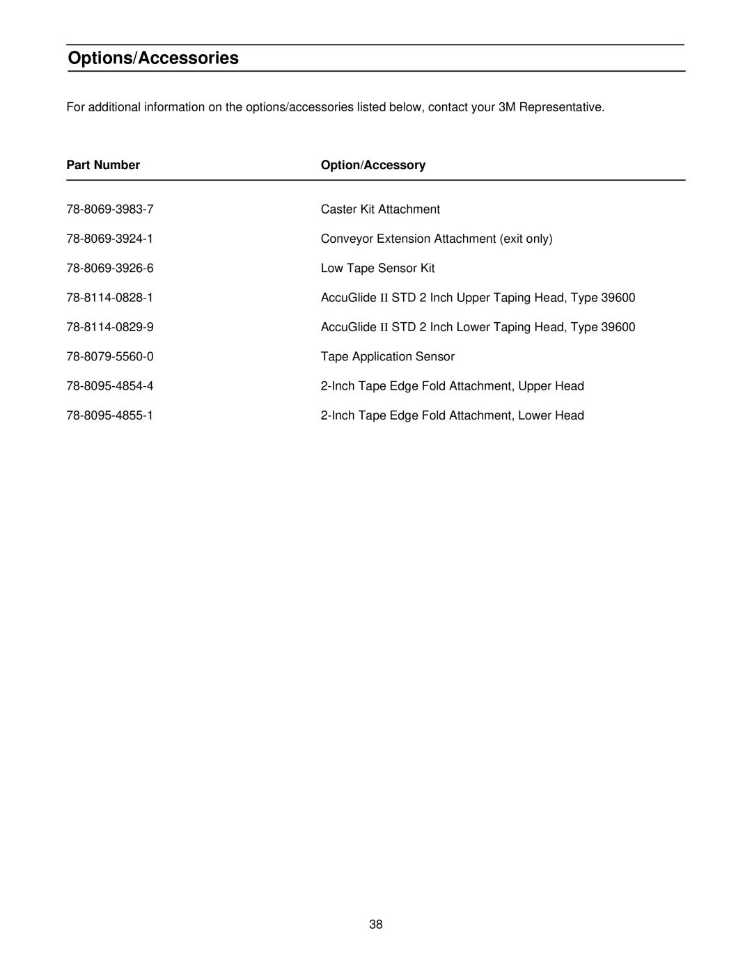 3M 39600 manual Options/Accessories, Part Number Option/Accessory 