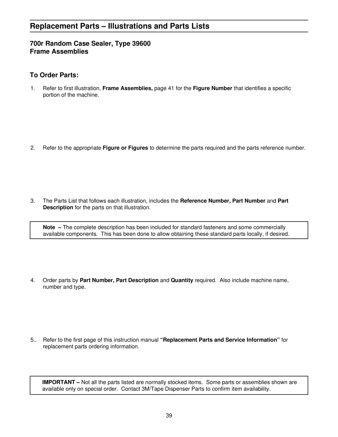 3M 39600 manual Replacement Parts Illustrations and Parts Lists 