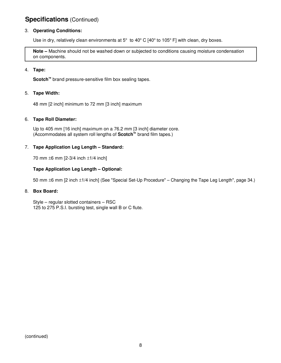 3M 39600 manual Operating Conditions, Tape Width, Tape Roll Diameter, Tape Application Leg Length Standard, Box Board 