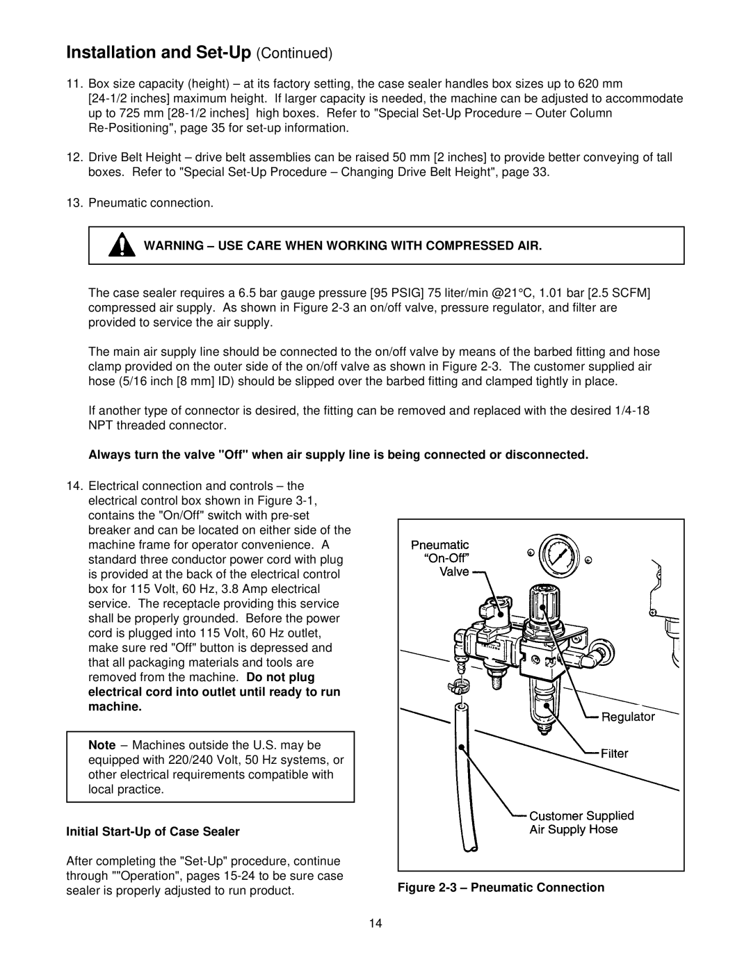 3M 39600 manual Initial Start-Up of Case Sealer, Pneumatic Connection 